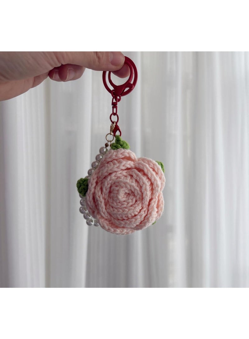 Cute Crochet Rose Keychains Handmade Knitted Flower Keychains With Pearl Chain - Image 1